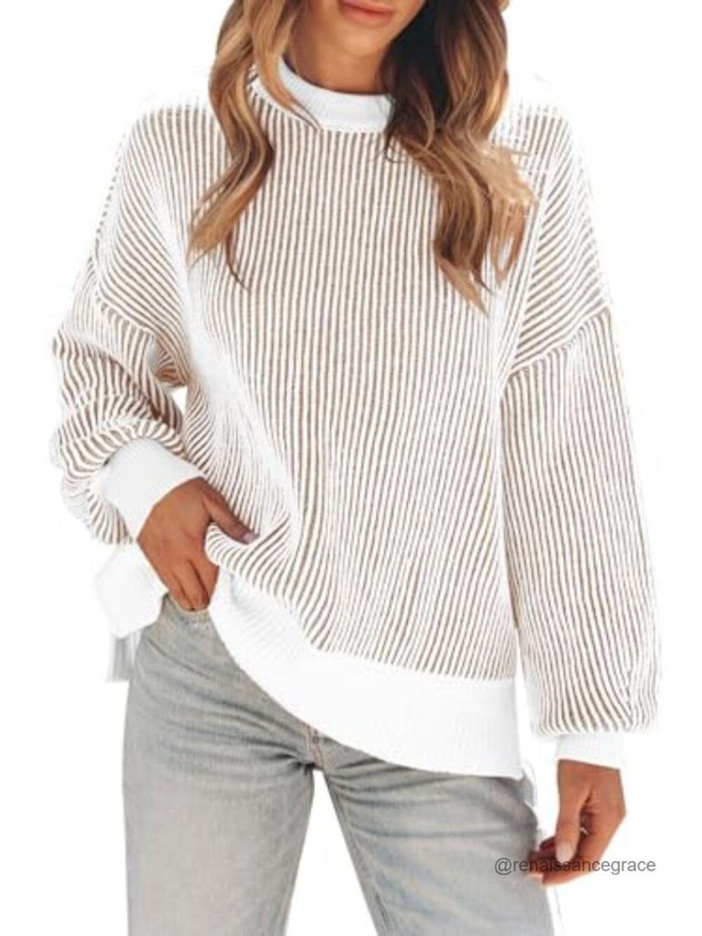 Oversized Striped Knit Sweater Long Sleeve Crew Neck Pullover